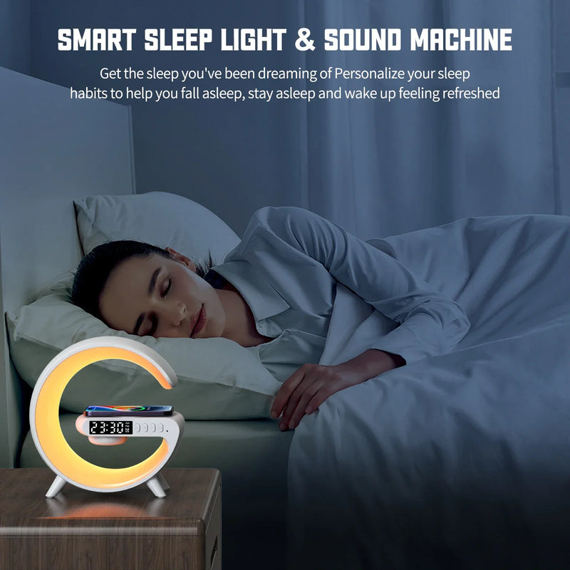 Alto-falante sem fio Smart Wake LED Up Light com 15W sem fio, recarregável, lâmpada de mesa para quarto, cabeceira, sala de jogos.